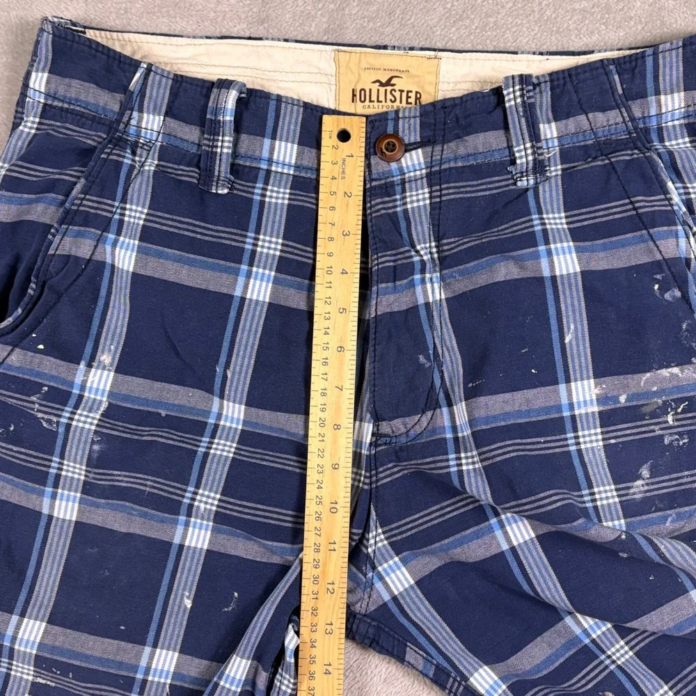 Hollister California Men's Plaid Shorts 33‎ W36 Blue Button Fly Paint Splatter